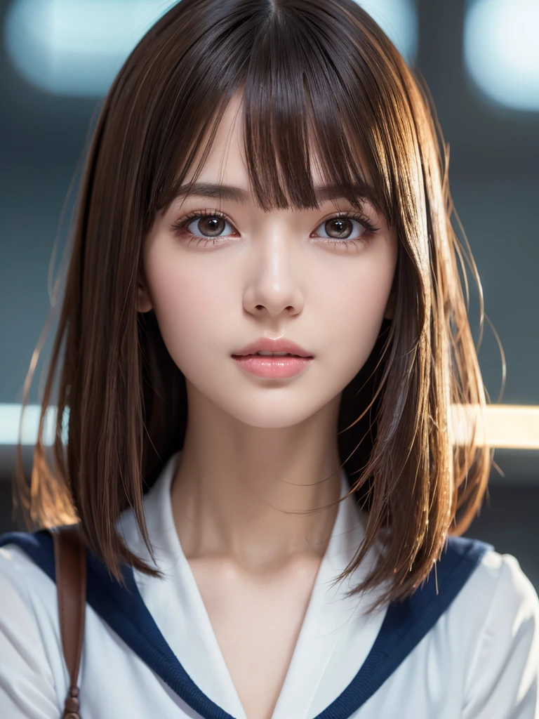 8k,Highest quality, masterpiece, Super detailed, 超High resolution, Realistic, RAW Photos, Absurd, The absolute solution, One girl, whole body ,Young and beautiful woman in Japan, Super cute face, Attractive person, Large Breasts , Long Bob Hair , (school uniform :1.3), machine ,Glossy Lips, Double eyelids on both eyes, Natural Makeup, Long eyelashes, shiny smooth light brown Long Bob Hair, Asymmetrical bangs, Glowing Skin, Center image, High resolution, Attention to detail, Detailed hairstyle, Detailed face, Great cinema lighting, Octane Rendering, Vibrant, Ultra-realistic, Perfect limbs, Perfect Anatomy,Black Hair