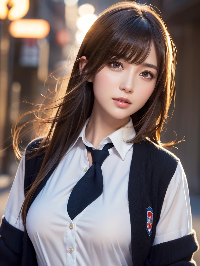 8k,Highest quality, masterpiece, Super detailed, 超High resolution, Realistic, RAW Photos, Absurd, The absolute solution, One girl, whole body ,Young and beautiful woman in Japan, Super cute face, Attractive person, Large Breasts , Long Bob Hair , (school uniform :1.3), machine ,Glossy Lips, Double eyelids on both eyes, Natural Makeup, Long eyelashes, shiny smooth light brown Long Bob Hair, Asymmetrical bangs, Glowing Skin, Center image, High resolution, Attention to detail, Detailed hairstyle, Detailed face, Great cinema lighting, Octane Rendering, Vibrant, Ultra-realistic, Perfect limbs, Perfect Anatomy,Black Hair