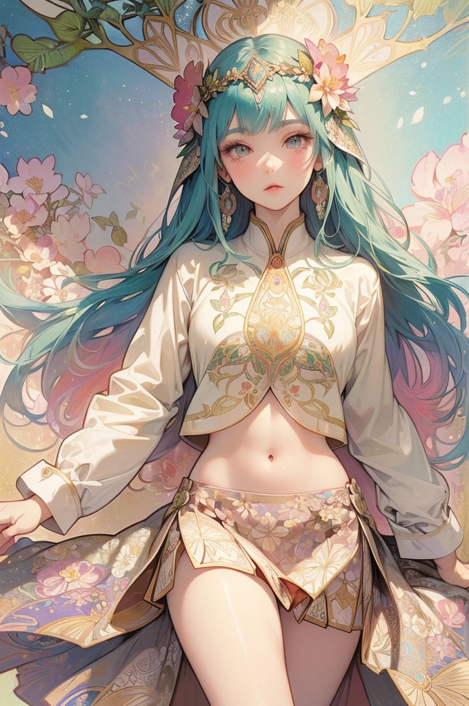 poster,(by mucha:1.2),((art deco,Botanical Art,Floral Art)),(floral:1.2),lily flower,
(masterpiece, highest quality),(vibrant colors,colorful),(amazing details,detailed background),anatomically correct,Accurate drawing,Detailed drawing,high-class sense,
girls open clothes:1.6, bare stomach,
(School uniform:1.5), spread legs,