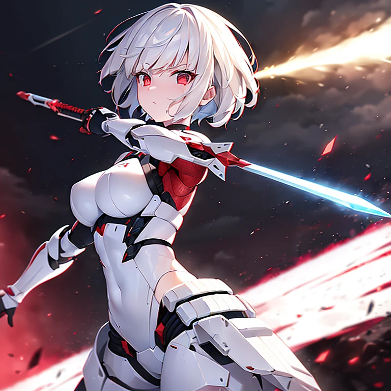 (girl)(white short hair)(red eyes)(Driving exoskeleton armor)(Cool battle scenes)(The blade flickers)(Fierce clash of weapons)(Battle Damage Edition)(Injuried)(battle Mask)(In the hail of bullets)(in combat)(night)4K