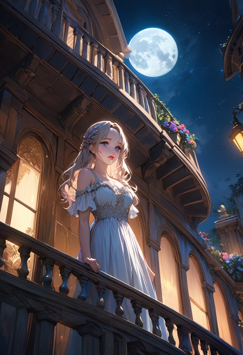 A romantic balcony scene at night, Juliet standing tenderly, Romeo confessing his love from the downstairs:1.3, the moon and starlit sky above, low-angle view, intricate details, beautiful delicate(hair,face,eyes,pupils,longeyelash, lips), beautiful detailed cute face and eyes, dramatic lighting, cinematic mood, vibrant colors, hyperrealistic, 8k, masterpiece