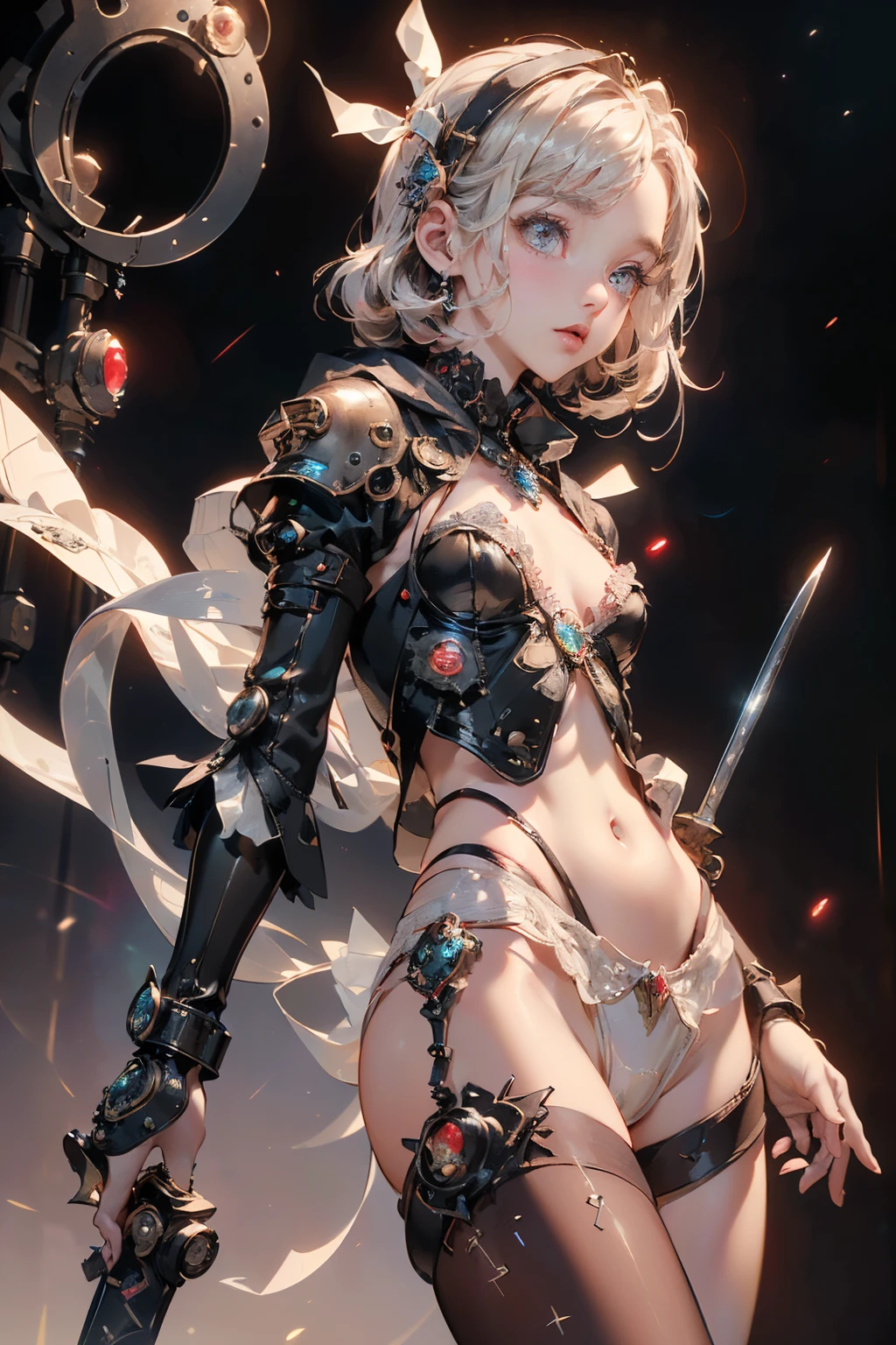 (((masterpiece, of the highest quality, super detailed))), (a female knight of an occult order), (an occult saint), (combat pose), (ready for combat), (resolved expression), (resolute expression), (((holding a sword with a digital-glitch-like blade as though it is rapidly flickering in and out of reality))) ((glitch sword)), ((glitching sword blade)), (nier: automata), Edwardian/Victorian era inspired, ((minimal but intricate beautiful armour)), Fluttering lace flared dress with frilly petticoats, ((((Highly detailed face))), (((Very sharp focused eyes))), very long eyelashes, small breasts, (((flat chest:1.1))), occult aesthetic, (red and white clothing detailed and intricate steampunk and detailed gothic), (with a hood), complex lace boots