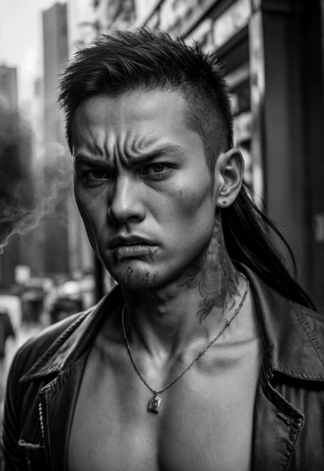 A photo of a very handsome young man, 15 years old, muscular, tattooed, wearing a necklace, long hair, holding a street weapon. Gangster style, romance, Hong Kong cinema. Street scene. Eyes filled with sadness and desire to rise. Violent background, smoke and fire. Cinematic lighting, high detail, 8K, artstation, conceptual art, dark fantasy. Photo taken with a Canon EOS R5 85mm f/11 camera, ((sharp)) mode of people and surroundings. Image quality ((8K)), ((realistic)), ((masterpiece)), ((sharpest and highest contrast)), ((excellent depth of field)), ((stereoscopic lighting)), ((angry, fierce)), detailed pores, ((Direct light on the face)), bright sunlight.