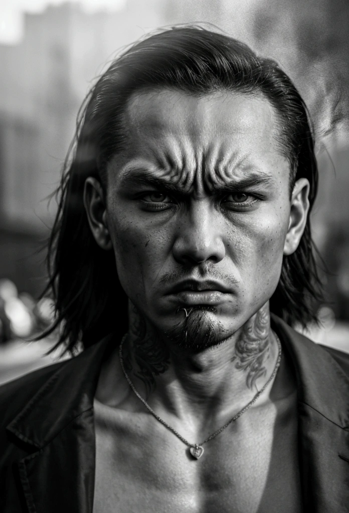 A photo of a very handsome young man, 15 years old, muscular, tattooed, wearing a necklace, long hair, holding a street weapon. Gangster style, romance, Hong Kong cinema. Street scene. Eyes filled with sadness and desire to rise. Violent background, smoke and fire. Cinematic lighting, high detail, 8K, artstation, conceptual art, dark fantasy. Photo taken with a Canon EOS R5 85mm f/11 camera, ((sharp)) mode of people and surroundings. Image quality ((8K)), ((realistic)), ((masterpiece)), ((sharpest and highest contrast)), ((excellent depth of field)), ((stereoscopic lighting)), ((angry, fierce)), detailed pores, ((Direct light on the face)), bright sunlight.