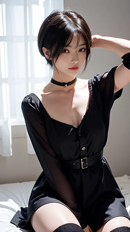 1 girl,alone,chest,Knee socks,chestの谷間,liar,~ ~ side,Looking at the audience,Long Hair,large chest,With my hands on my head,bed,Strap slip,indoor,lips,on bed,Black Hair,dress,Realistic,black dress,black eye,Dutch Angle,Brown Hair,curtain,Window -- Automatic