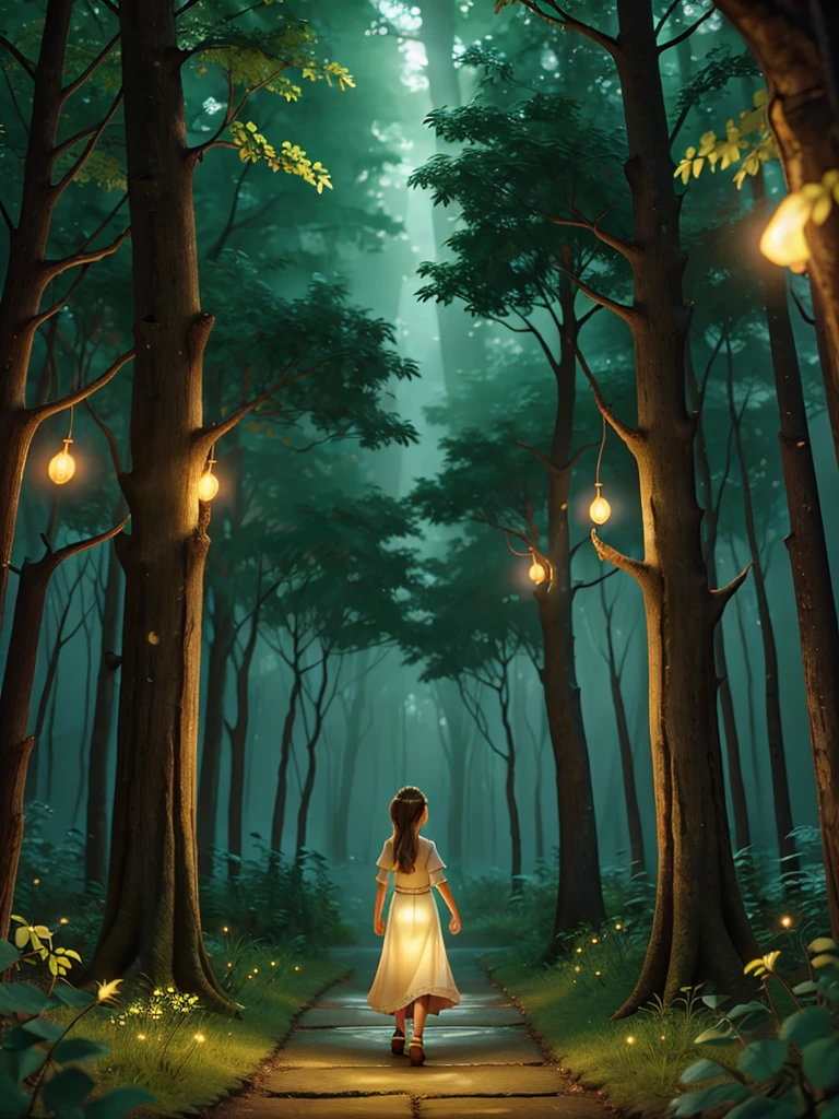 Fireflies light up around her as she walks deeper into the forest, mist rising and creating a mystical ambiance.