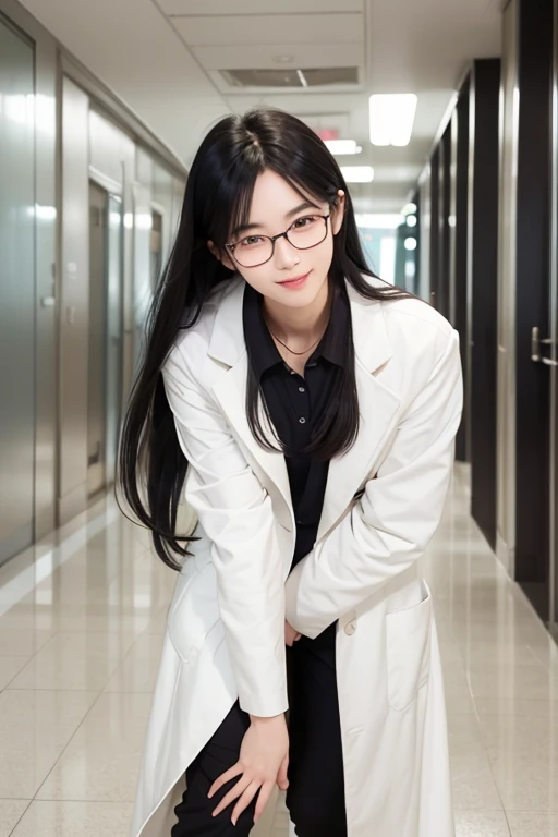 full body display、One girl、Scholarly girl、Wearing a white coat、Wearing large-rimmed glasses、Long black hair、He is bending over and looking at me.、Winking、laughing、In the background is a school hallway、