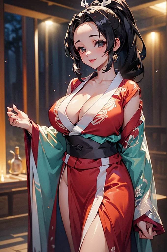 (((beautiful))), (((kimono, See-through, See-through))), ((Black Hair, parted bangs, forehead, ponytail, hair ornaments, Chubby)), One Woman, Large Breasts, Huge Saggy Tits, Cleavage, Glowing Skin, Sweat, (((Intricate details))), High resolution, ((Intricate details, Ultra-detailed)), Are standing, from front, wide shot, (looking at viewer, look at viewer), Red cheeks, smile, night,