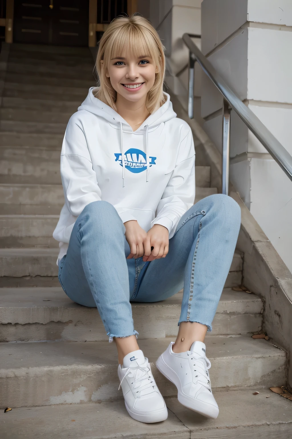 Highest quality, High resolution, 8k wallpaper, Beautiful woman, Sitting on the stairs 、hoodie, Skinny jeans, White sneakers 、 Blonde Hair 、 Beautiful Bangs 、ear piercing、smile、Beautiful teeth alignment