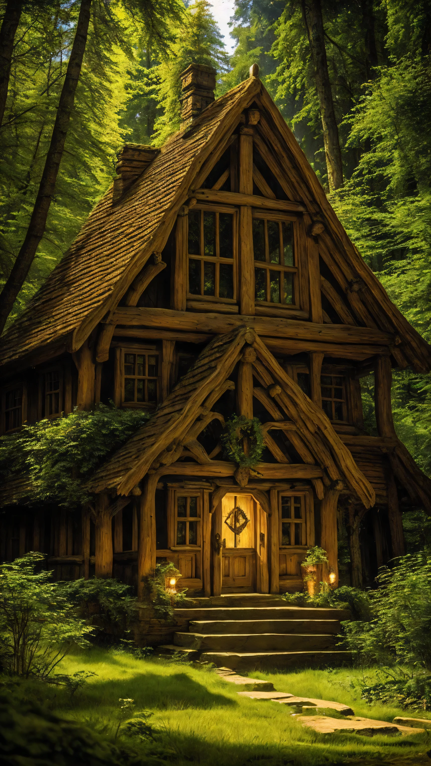 A house the land of elves in the middle of the forest with beautiful ancient buildings, fantasy feel, firefly light