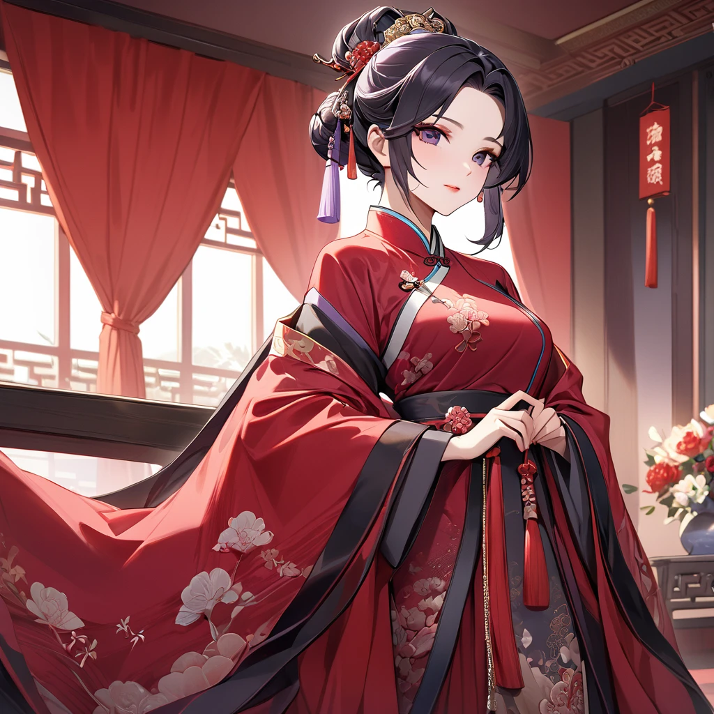 ((Highest quality)), ((masterpiece)), (detailed), (Perfect Face)、The woman is a Chinese woman named Kocho Shinobu.。, Purple gradient bob black hair and formal evening hairstyles. She is wearing an engagement ring. She is a prominent member of the Chinese Communist Party.、She is the wife of a great old Communist Party official.、A woman is beautifully dressed in a luxurious and gorgeous red ancient Chinese empress costume in ancient Chinese court attire、An elegant Chinese lady in a posh room