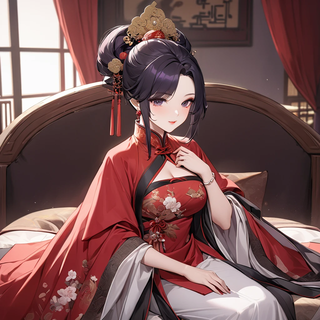 ((Highest quality)), ((masterpiece)), (detailed), （Perfect Face）、The woman is a Chinese woman named Kocho Shinobu.。, Purple gradient bob black hair and formal evening hairstyles. She is wearing an engagement ring. She is a prominent member of the Chinese Communist Party.、She is the wife of a great old Communist Party official.、A woman is beautifully dressed in a luxurious and gorgeous red ancient Chinese empress costume in ancient Chinese court attire、An elegant Chinese lady in a posh room