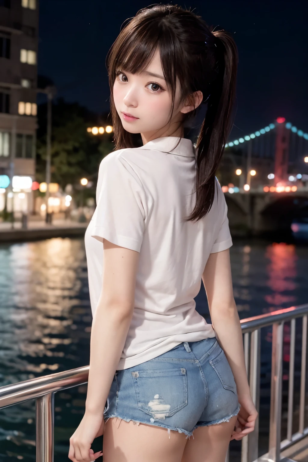 8K, RAW Photo, Best Quality, Masterpiece, Realistic, PhotoRealistic, Extremely Detailed 8K Wallpaper, Beautifully Detailed Eyes, Finely Detailed Face, 
 BREAK 
Cinematic Lighting, 
 BREAK 
1 Girl, ((s-bridge:1.4, sparkle:1.4, t-skytree:1.4, Night)), 
 BREAK 
Perfectly Anatomically Correct, 5 Beautiful Thin Finger, 
 BREAK 
1 Girl, (Very Short Twin Tail Hair), 
Light Smiling, Ecstasy, 
Wearing Polo Shirt + Very Short Shorts, 
[Japanese, Kawaii, Captivating Eye Reflections, Wide-Set Eyes, Very White Skinned, Blush, Embarrassed, 18-Year-Old, Brown Hair, Messy Hair, Wet Hair, Open Mouse Slightly, [Pouted Cheek]], 
(Looking Back Viewer), 
 BREAK 
SFW, 
 BREAK 
(Ground-Level Shot, Long Shot), Soft Saturation, Soft Contrast, Bokeh:1.0