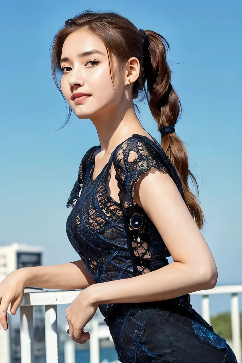 ((Highest quality, 8k, masterpiece: 1.3)), sharp: 1.2, Perfect Body Beauty: 1.6, ((Layered Hairstyles, Small breasts: 1.0)), (blue sky: 2.0), (Black lace dress: 2.0), (ponytail: 2.0), ((long hair: 2.0)), ((necklace)), Earrings, ring, Bracelet, Hair Accessories, ((Beautiful young teenager woman)), ((Straight nose)), (Eyeliner), Armpit Hair, Bristles, ((White and beautiful skin)), Wavy Hair, Beautiful attention to detail, Super detailed, Highly detailed face and skin texture, fine grain, double eyelid, Black Hair, Big Ass, Lower Body, Thighs, (((Skinny))), Wet and shiny lips, (smile: 1.0), Get a grip on your body, ((Anatomically correct human body)), ((Crisp body shape)), Ribs, clavicle, Protruding skeleton, A face without nasolabial folds, Shyness, Thin eyebrows, Big eyes, (Narrow shoulders: 2.0), (Serious face: 1.0), White skin, Closed Mouth, (pants: 2.0), (Belly button: 1.5)