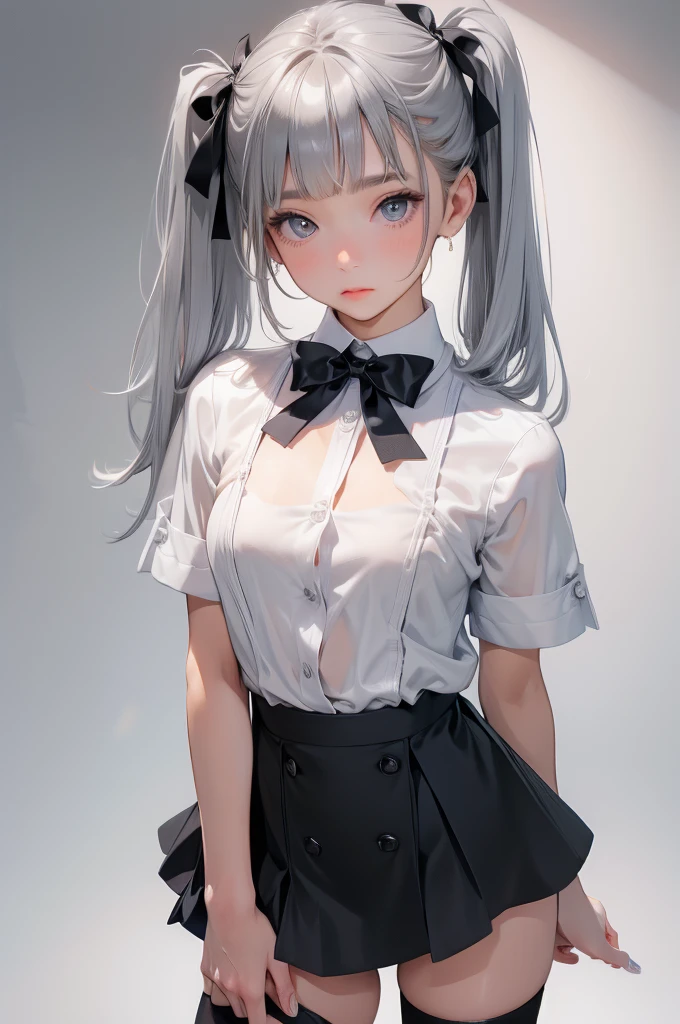 a beautiful young girl in a white shirt with the buttons undone, revealing a small bust, with bangs and twin tails, wearing a short skirt, white panties, small breasts, and black socks, full body shot,((Gray background))