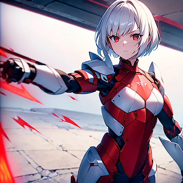 (girl)(white short hair)(red eyes)(Driving exoskeleton armor)(Cool battle scenes)(The blade flickers)(Fierce clash of weapons)(Injuried)(battle Mask)(In the hail of bullets)(in combat)(night)4K