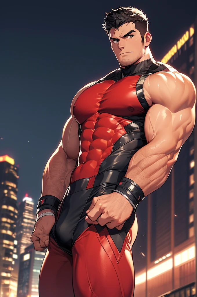 (masterpiece, best quality, extremely high detail, ultrahigh definition, stylized pose, high quality, 4k resolution). very muscular handsome superhero man in his early twenties, low-fade haircut, black hair, red eyes, detailed eyes, stubble, hairy chest and arms, intimidating face, superhero outfit(skintight suit with primary black secondary red colors), arms crossed over chest, flying, Tanned skin. Background: Nighttime city background, 32k uhd, best quality, masterpiece, super detail, high details.