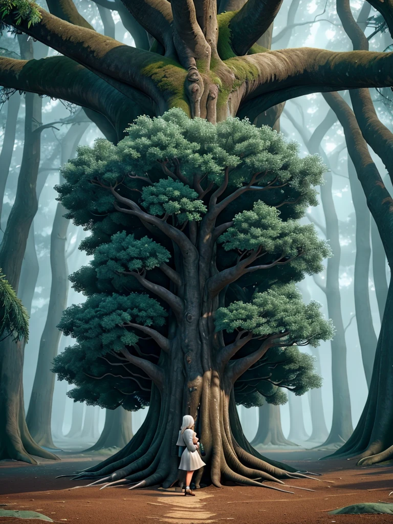 The woman touches a tree’s twisted roots, as a silver-coated wolf emerges from the mist, approaching her calmly.
