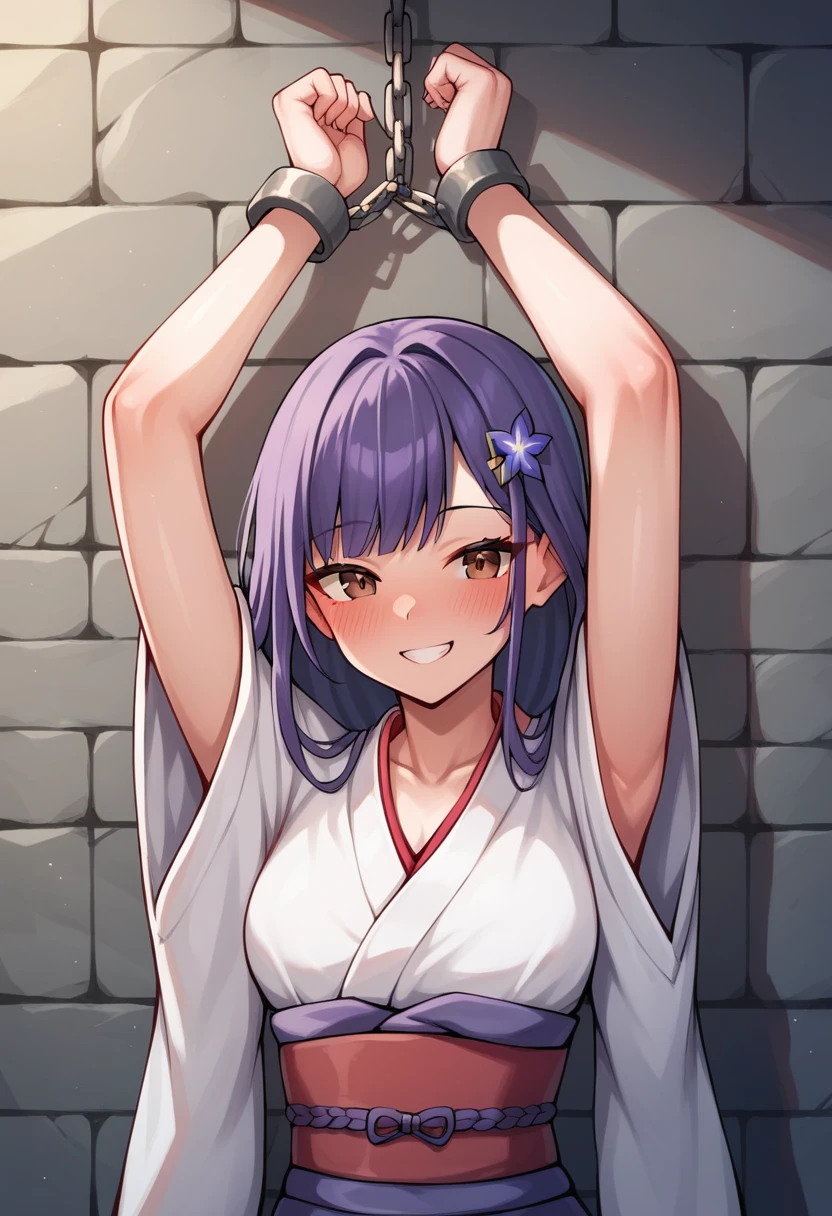 score_9, score_8_up, score_7_up, score_6_up, score_5_up, score_4_up, source_anime, 1girl,lora:raidenshogun1-000009:1>, raidenshogundef, upper body, smile, blush, hairpins, purple hair, long hair, brown eyes, w-w-chain, shackles, raise arms, kimono, day, dungeon, best quality, best res, 4K UHD,