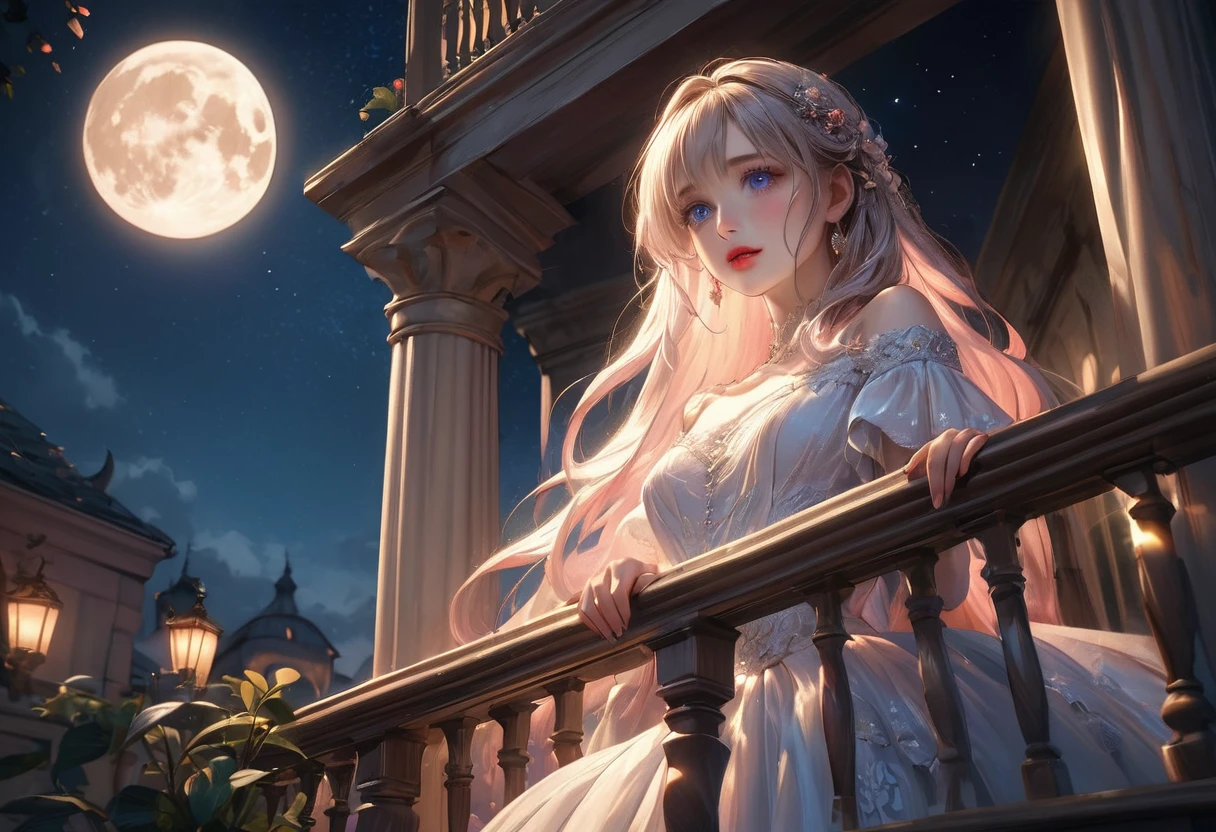 A romantic balcony scene at night, Juliet standing tenderly, Romeo confessing his love from the downstairs:1.3, the moon and starlit sky above, low-angle view, intricate details, beautiful delicate(hair,face,eyes,pupils,longeyelash, lips), beautiful detailed cute face and eyes, dramatic lighting, cinematic mood, vibrant colors, hyperrealistic, 8k, masterpiece