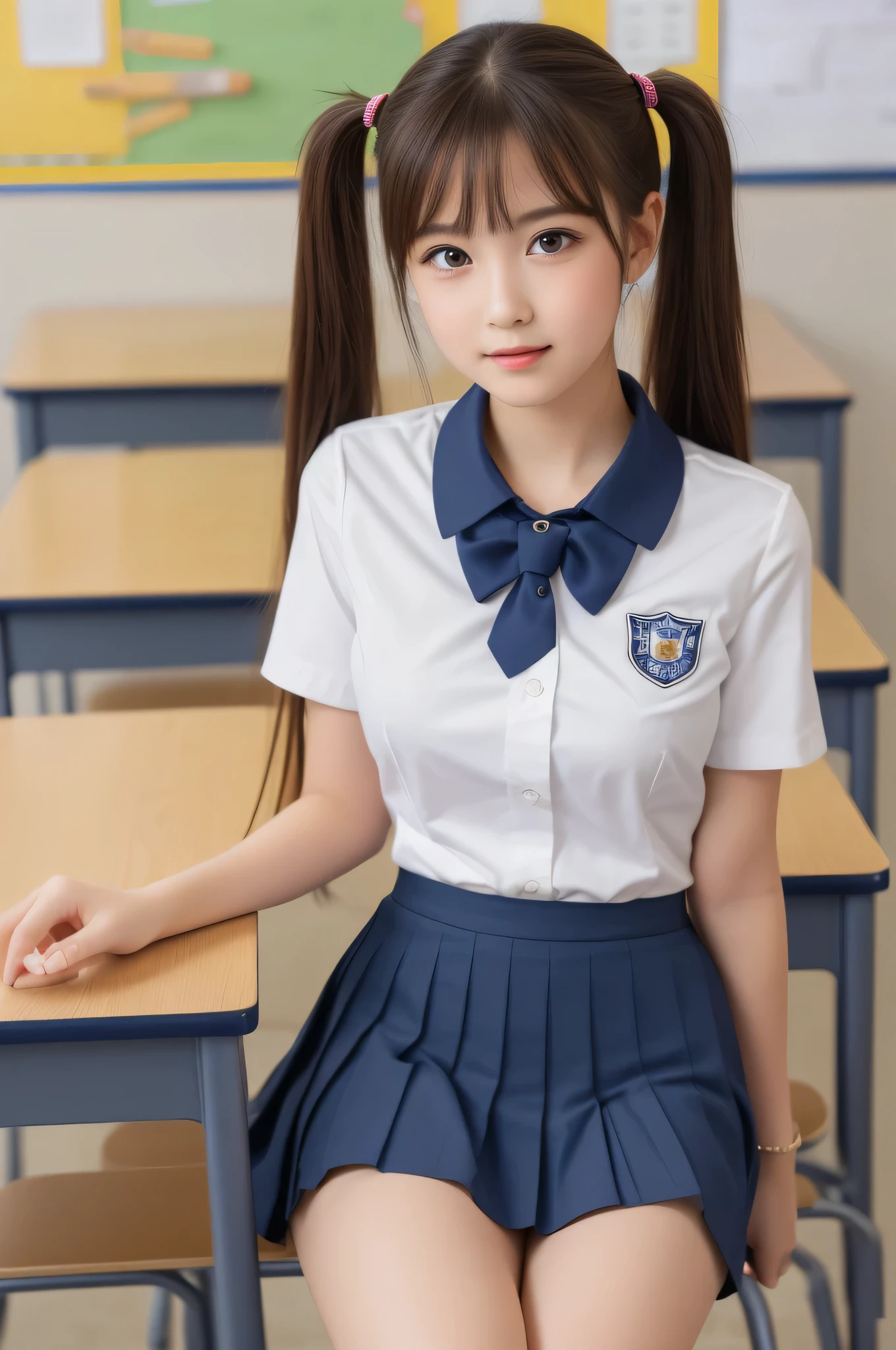 (***ung girl), kawaii, (highly detailed Beautiful face), Amazing face and eyes, (Best Quality:1.4), (Ultra-detailed), (extremely detailed CG unified 8k wallpaper), Highly detailed, High-definition raw color photos, Professional Photography, Realistic portrait, twintails, (hi-school uniform, pleated mini skirt:1.3), (hi-school uniform with wide open breasts:1.2), Sitting, (open your legs), cameltoe, depth of fields, School, classroom, (fine face:1.2), (from below:1.2)