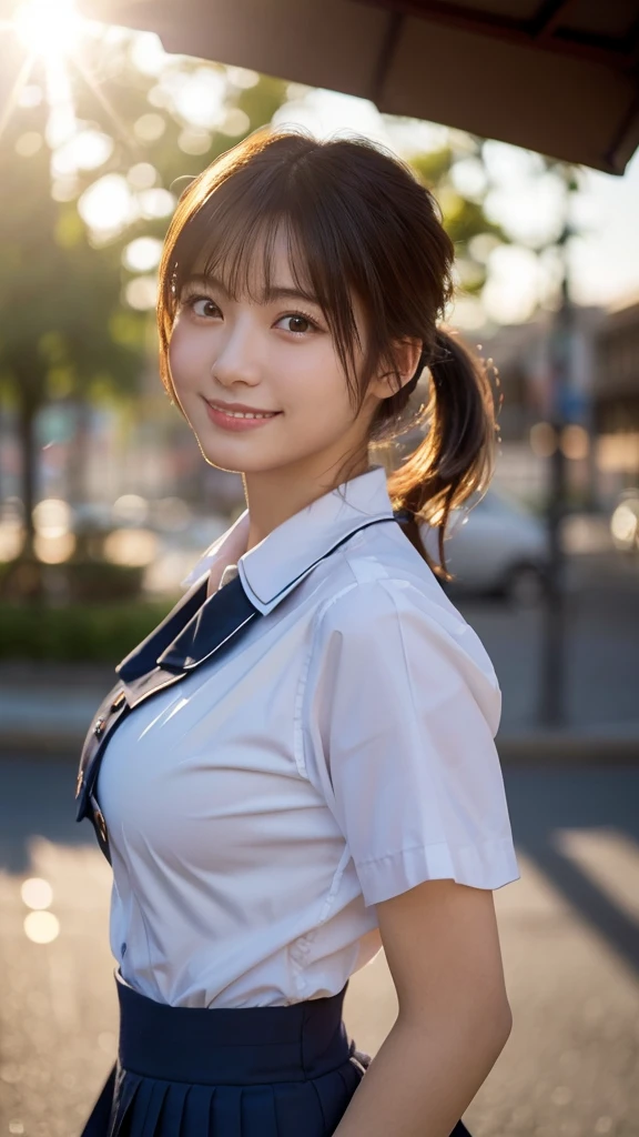 (highest quality,masterpiece:1.3,ultra high resolution),(Super detailed,caustics,8k),(photorealistic:1.4,RAW shooting),1 girl,(smile and look down at the camera),(front shot:1.1),(face forward),18-year-old,cute,Japanese,black short ponytail,school uniform,glamorous,(big ),( close up),(breass),street,sunshine,Natural light,(Backlight),(A bright light shines from behind),(Lens flare),professional writing,(cowboy shot),(low position:1.3),(Low - Angle:1.3)