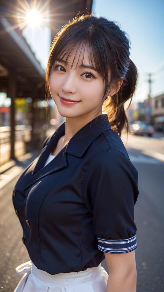 (highest quality,masterpiece:1.3,ultra high resolution),(Super detailed,caustics,8k),(photorealistic:1.4,RAW shooting),1 girl,(smile and look down at the camera),(front shot:1.1),(face forward),18-year-old,cute,Japanese,black short ponytail,school uniform,glamorous,(big boobs),( close up),(breast focus),street,sunshine,Natural light,(Backlight),(A bright light shines from behind),(Lens flare),professional writing,(cowboy shot),(low position:1.3),(Low - Angle:1.3)