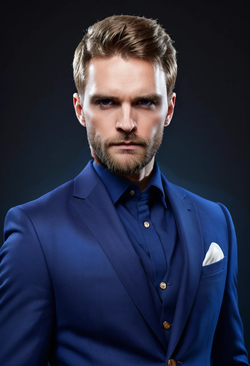 wearing bright blue indigo suit with white shirt, elegant, stylish, bright colors, low saturation, bright colors, bright indigo suit, wearing bright indigo suit with white shirt, white shirt, posing, full body shot, upper body dramatic lighting, detailed, high details, high quality, low saturation