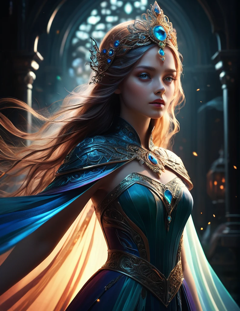 mystical female protagonist, intricate fantasy dress, glowing ethereal aura, detailed ornate headpiece, sweeping dramatic cape, enchanting eyes, porcelain skin, flowing hair, serene expression, dark moody lighting, cinematic dramatic atmosphere, vibrant jewel-toned colors, creative whimsical concept art, (best quality,4k,8k,highres,masterpiece:1.2),ultra-detailed,(realistic,photorealistic,photo-realistic:1.37)