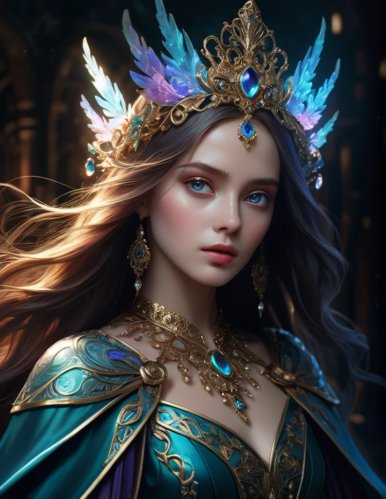 mystical female protagonist, intricate fantasy dress, glowing ethereal aura, detailed ornate headpiece, sweeping dramatic cape, enchanting eyes, porcelain skin, flowing hair, serene expression, dark moody lighting, cinematic dramatic atmosphere, vibrant jewel-toned colors, creative whimsical concept art, (best quality,4k,8k,highres,masterpiece:1.2),ultra-detailed,(realistic,photorealistic,photo-realistic:1.37)