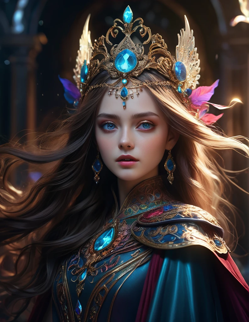 mystical female protagonist, intricate fantasy dress, glowing ethereal aura, detailed ornate headpiece, sweeping dramatic cape, enchanting eyes, porcelain skin, flowing hair, serene expression, dark moody lighting, cinematic dramatic atmosphere, vibrant jewel-toned colors, creative whimsical concept art, (best quality,4k,8k,highres,masterpiece:1.2),ultra-detailed,(realistic,photorealistic,photo-realistic:1.37)