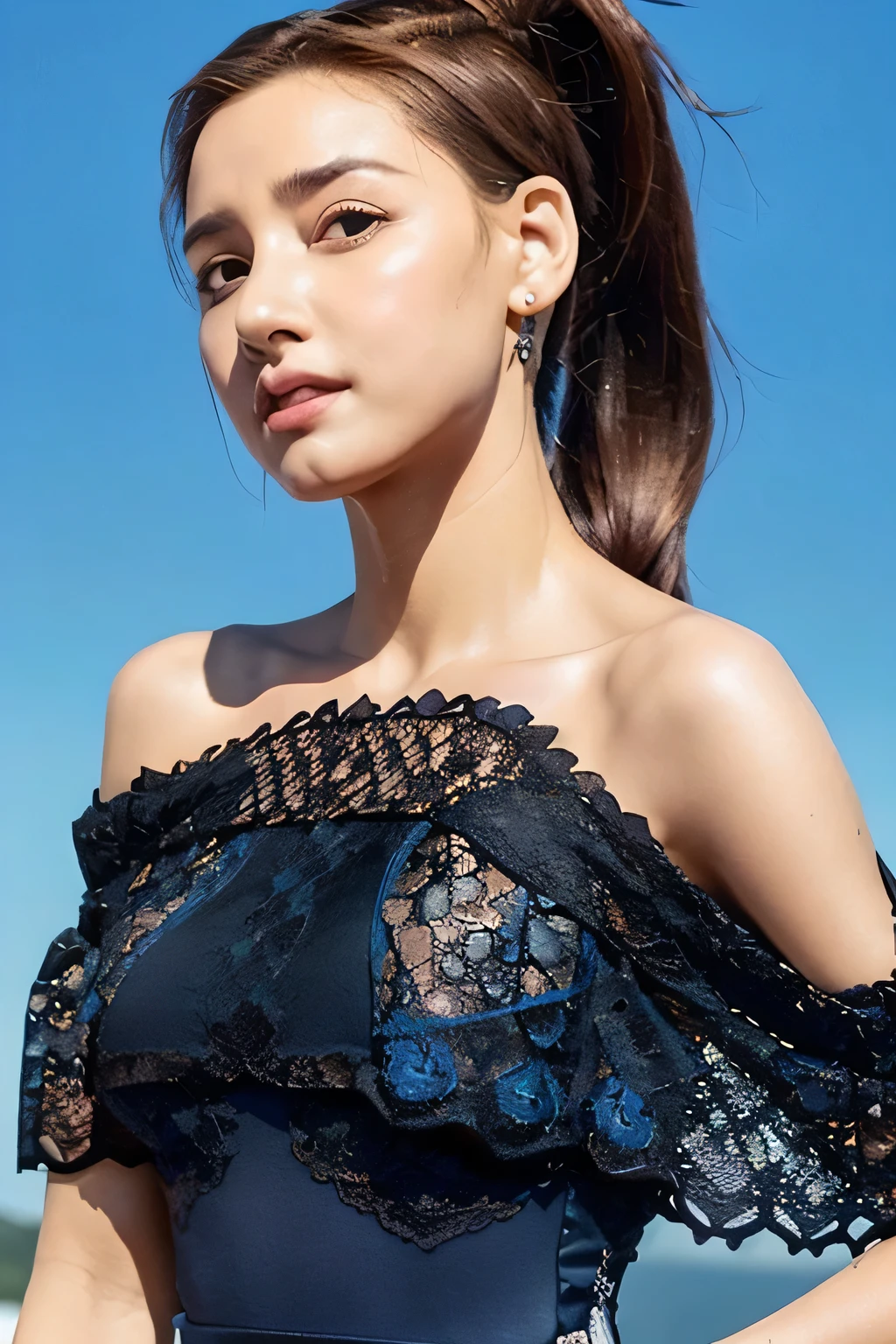 ((Highest quality, 8k, masterpiece: 1.3)), sharp: 1.2, Perfect Body Beauty: 1.6, ((Layered Hairstyles, Small breasts: 1.0)), (blue sky: 2.0), (Black lace dress: 2.0), (Off-the-shoulder dress: 2.0), (ponytail: 2.0), ((long hair: 2.0)), ((necklace)), Earrings, ring, Bracelet, Hair Accessories, ((Beautiful young teenager woman)), ((Straight nose)), (Eyeliner), Armpit Hair, Bristles, ((White and beautiful skin)), Wavy Hair, Beautiful attention to detail, Super detailed, Highly detailed face and skin texture, fine grain, double eyelid, Black Hair, Big Ass, Lower Body, Thighs, (((Skinny))), Wet and shiny lips, (smile: 1.0), Get a grip on your body, ((Anatomically correct human body)), ((Crisp body shape)), Ribs, clavicle, Protruding skeleton, A face without nasolabial folds, Shyness, Thin eyebrows, Big eyes, (Narrow shoulders: 2.0), (Serious face: 1.0), White skin, Closed Mouth, (pants: 2.0), (Belly button: 1.5)