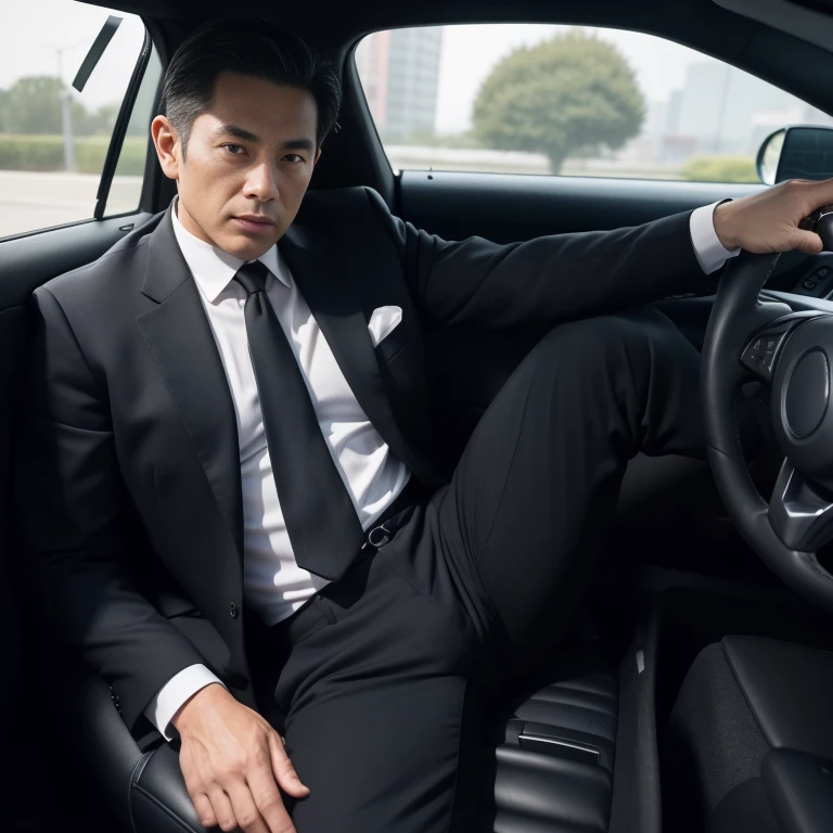 50-year-old male,Black suit,Inside the car、mafia、Legs wide open、The crotch area of the pants is bulging,Raised muscles,Gay ,short hair,short hair、Stubble,Asian man's face,Hermes Belt。Black socks、Seen from below