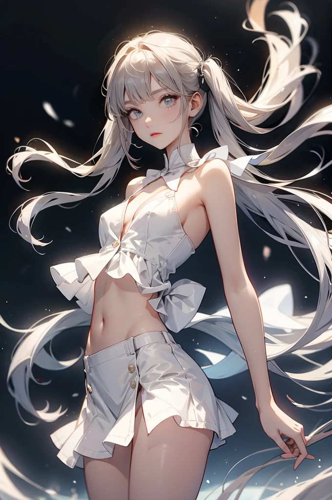 Best, Masterpiece, High Resolution, Best Quality, Ultra HD, Super Detail, Award-Limited, 16k, (Upper Body), Beautiful Girl, Gray Hair, Hair, ((Heterochromia)), Hanging Corners, Fair Skin, (Small), (Slim Body), ((Lace Pajamas)), Stud Earrings, (Neck Rings), (Short Glove as Short as Half the Palm)