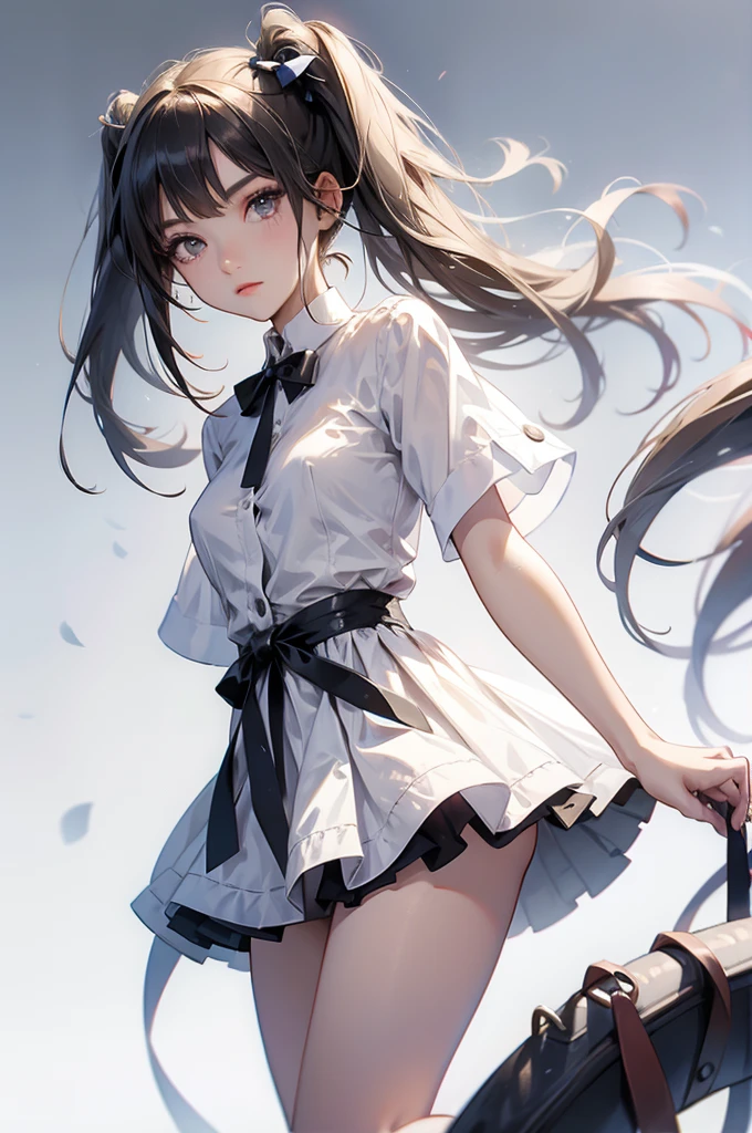 a beautiful young girl in a white shirt with the buttons undone, revealing a small bust, with bangs and twin tails, wearing a short skirt, white panties, small breasts, and black socks, full body shot,((Gray background))