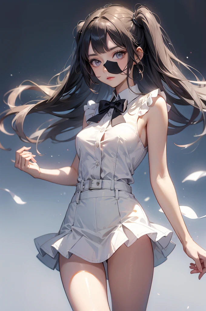 a beautiful young girl in a white shirt with the buttons undone, revealing a small bust, with bangs and twin tails, wearing a short skirt, white panties, small breasts, and black socks, full body shot,((Gray background))