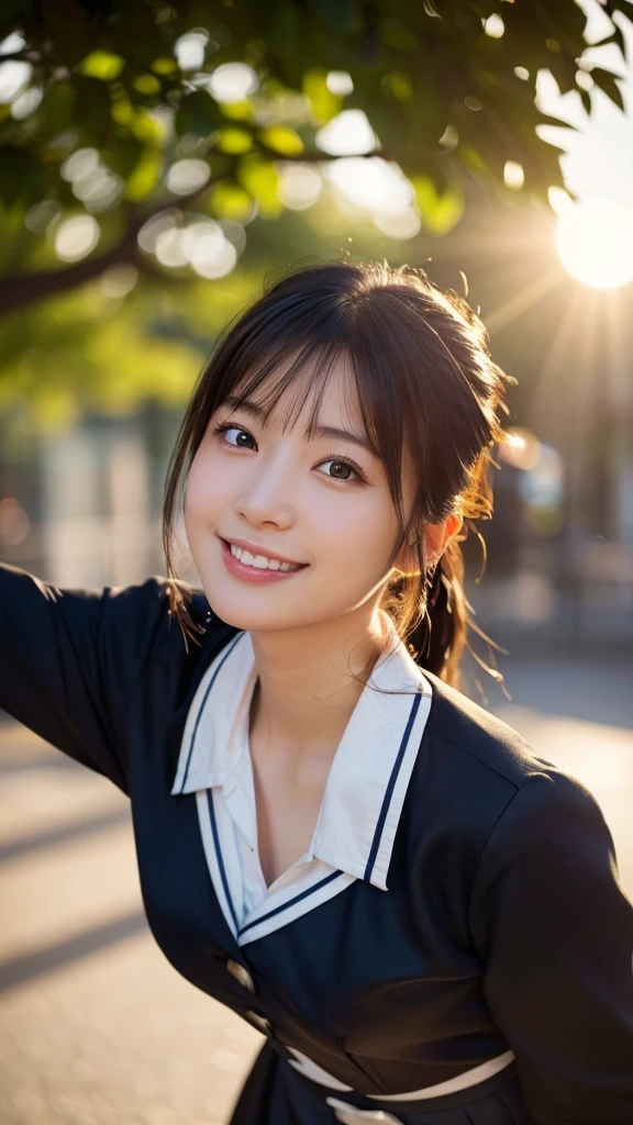 (highest quality,masterpiece:1.3,ultra high resolution),(Super detailed,caustics,8k),(photorealistic:1.4,RAW shooting),1 girl,(smile and look down at the camera),(front shot:1.1),(face forward),18-year-old,cute,Japanese,black short ponytail,school uniform,glamorous,(big boobs),( close up),(breast focus),street,sunshine,Natural light,(Backlight),(A bright light shines from behind),(Lens flare),professional writing,(cowboy shot),(low position:1.3),(Low - Angle:1.3)