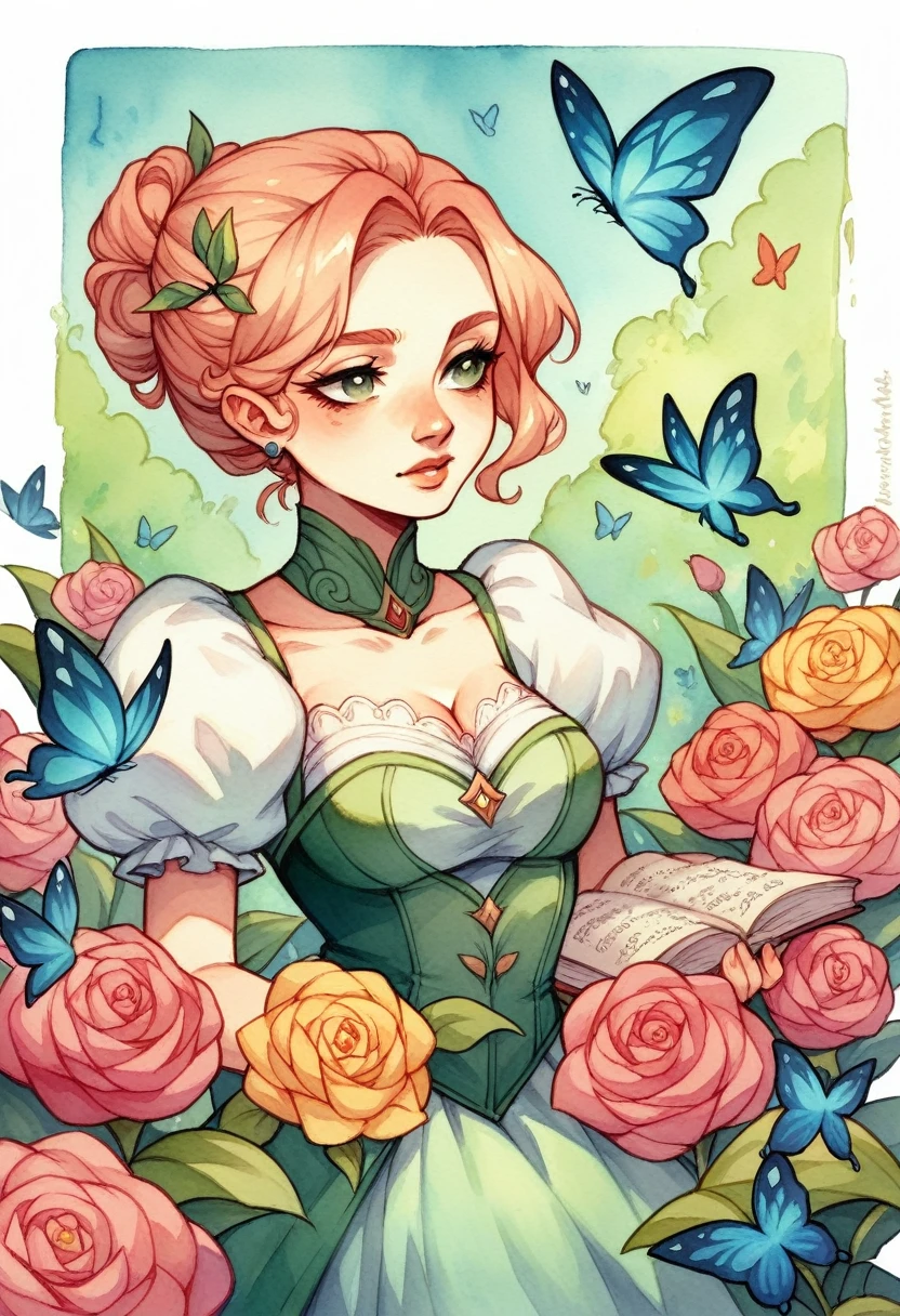 A beautiful girl dressed as a fairy, surrounded by flowers and butterflies. Satisfied: Watercolor painting. styled: whimsical and delicate, like a book illustration .