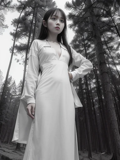 Japanese female, (underweight), (flat chest best quality:1.5),
forest, disgust, standing, long hair, (white dress), with a tree, dark academia, full body shot, ((from below)), (monochromatic:1.3)