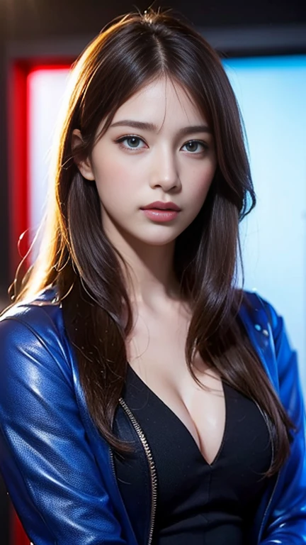 Highest quality, 4K, High resolution, masterpiece:1.2, Very detailed, (Realistic, Realistic, Realistic:1.37), Vibrant, Red and blue eyes,Strong gaze,Seductive eye contact,Fiery red iris,Deep blue shining star,Shining Eyes,Bright colors,Portraiture,Fantasy art,Magic Red Light,Mysterious Beauty,Red color palette,Red long hair,Blue coat,Cowboy Shot,Full Body Shot