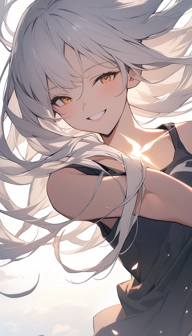 Long white hair、Fluttering Hair、20-year-old women、In detail、beautifully、Glowing Skin、smile、Tank top、beautiful、Aerial