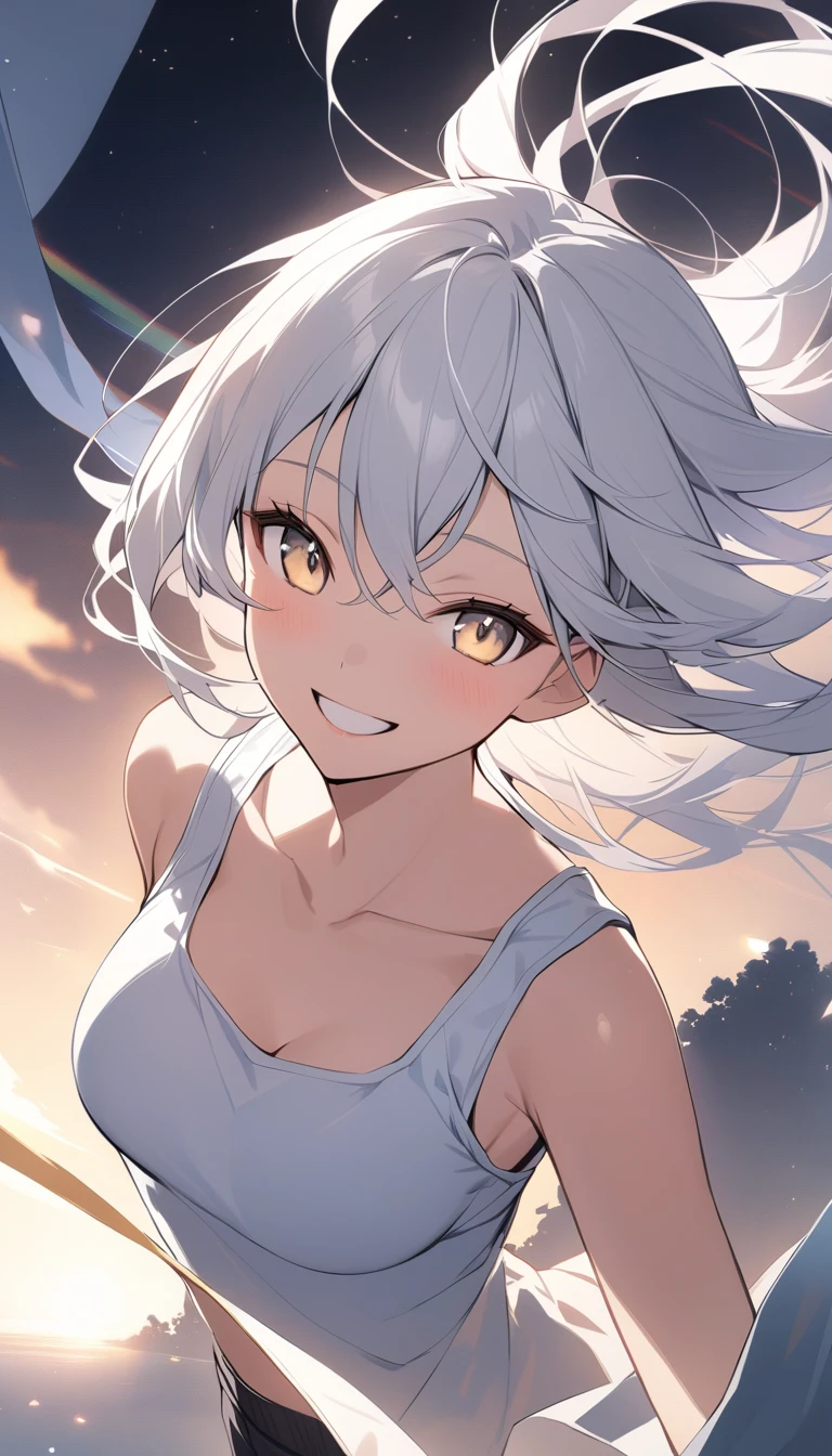 Long white hair、Fluttering Hair、20-year-old women、In detail、beautifully、Glowing Skin、smile、Tank top、beautiful、Aerial