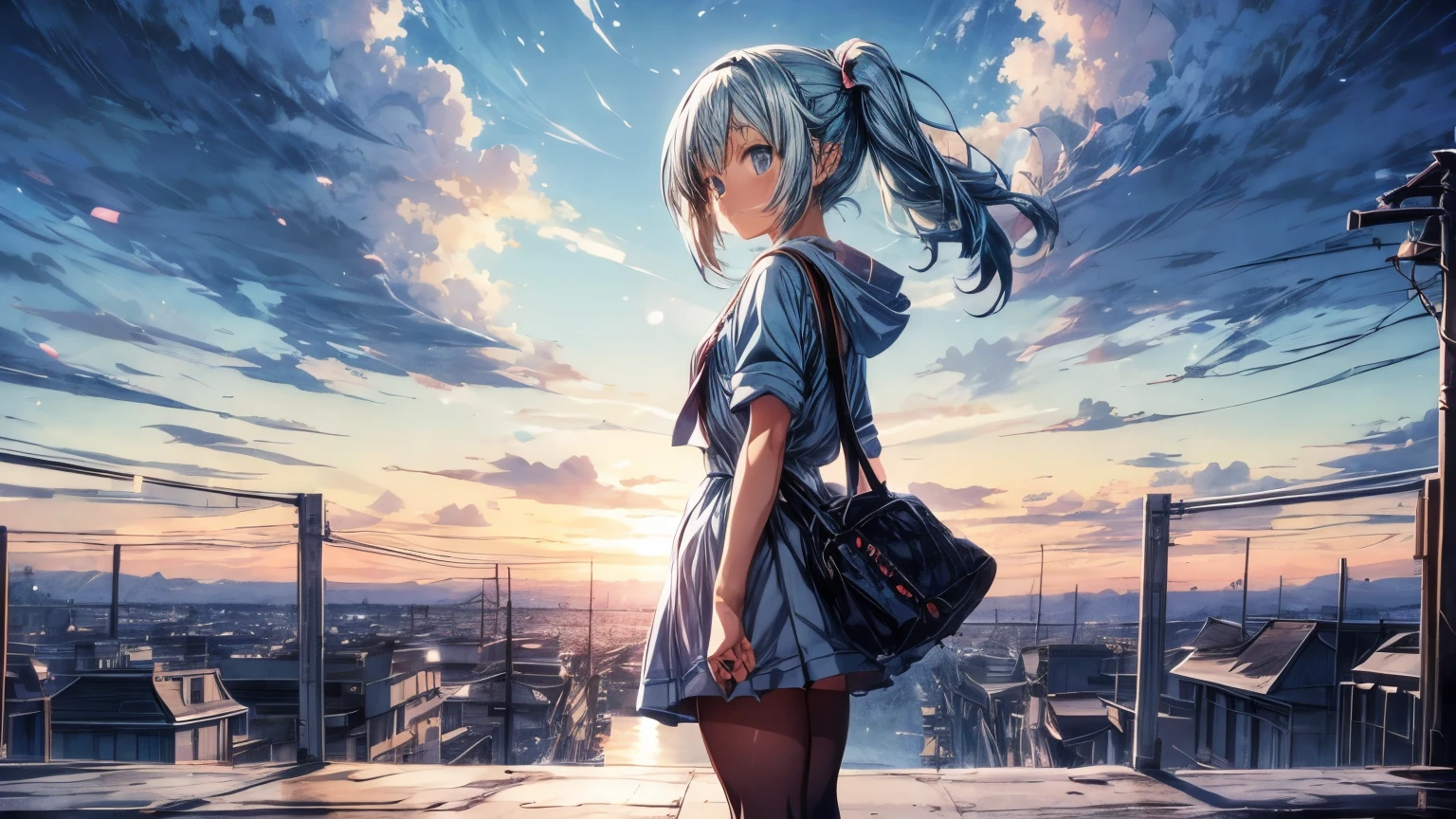Landscape wallpaper,Anime Landscape,An anime girl standing far away,Style: Anime, Simple,Color light blue,Aesthetic