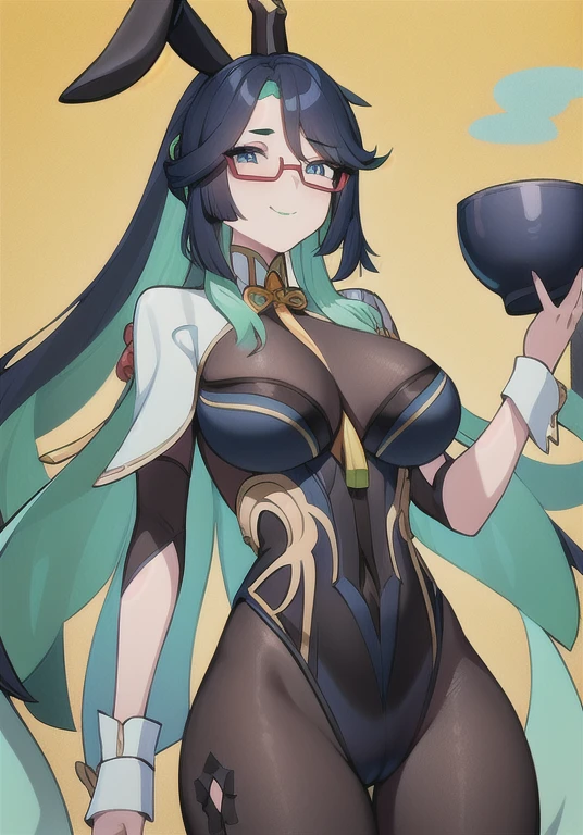 Xianyun, 1 girl, standing alone, long hair, big breasts, looking ahead at viewer, ssmile, bangss, blue colored eyes, big breasts, Bblack hair, hair ornament, cloused mouth, hypdertailed, multicolored hair, hair green, cups, two tone hair, make up, glasses, bunny ears, Playboy Bunny, shame face, high resolution,