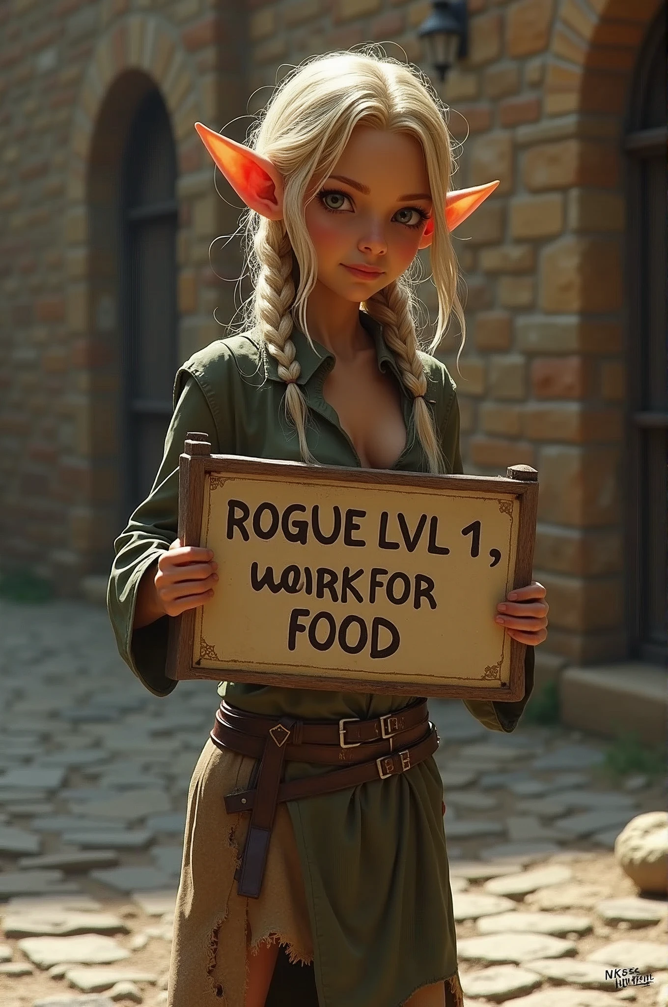 an elf girl,  ((tiny, short, medium breasts:1.5)), ((dressed in torn clothes, torn shorts, torn top, torn boots, leather belt:1.5)), ((dark skin, tanned skin:1.75)), ((blonde hair)), ((a long braided hair:1.95)), ((standing near brick wall)), medieval, fantasy cobblestone pavement,  cowboy shot, side shot, ((holding in her hands, signboard, paper signboard, sign text is "ROGUE LVL 1, WORK FOR FOOD":1.25)),