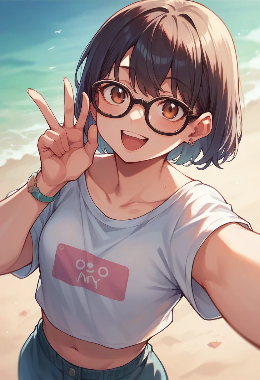 Selfie of a cute anime girl filled with joy wearing glasses under the scorching sun at the beach