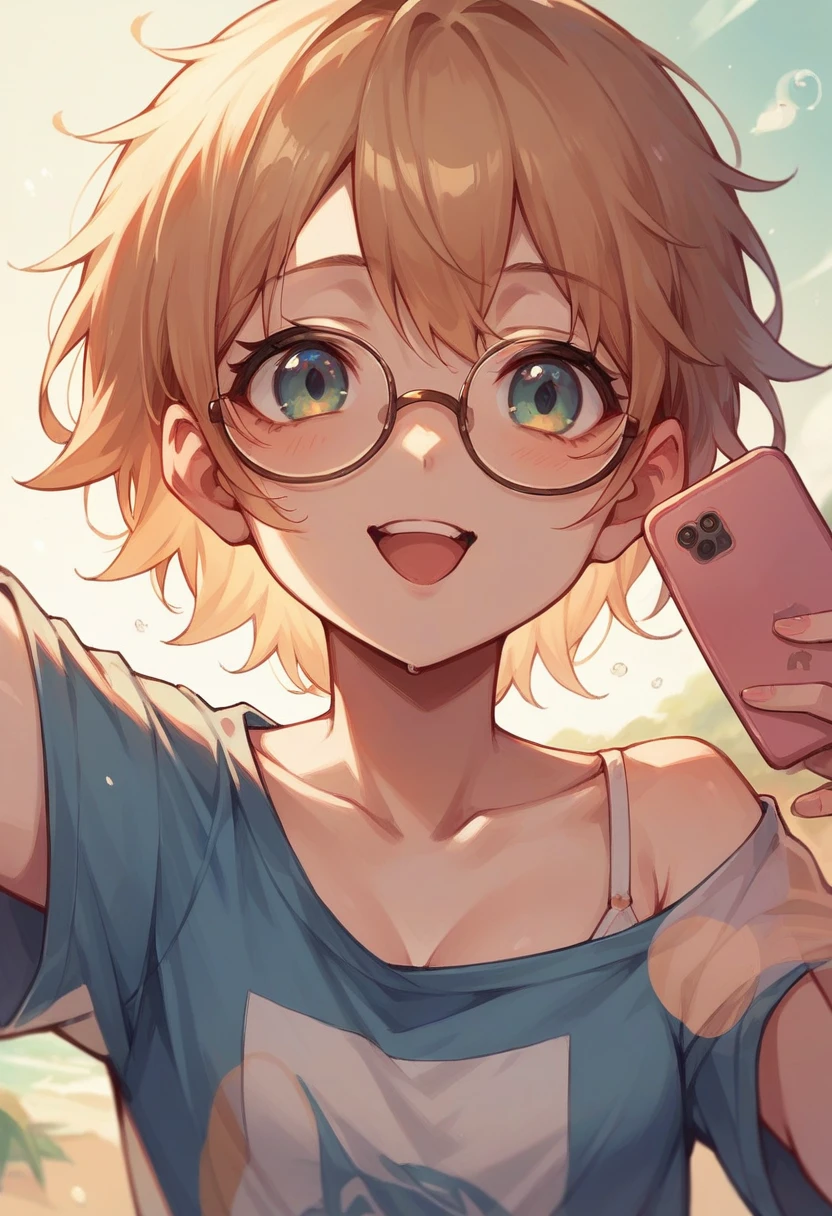 Selfie of a cute anime girl filled with joy wearing glasses under the scorching sun at the beach 
