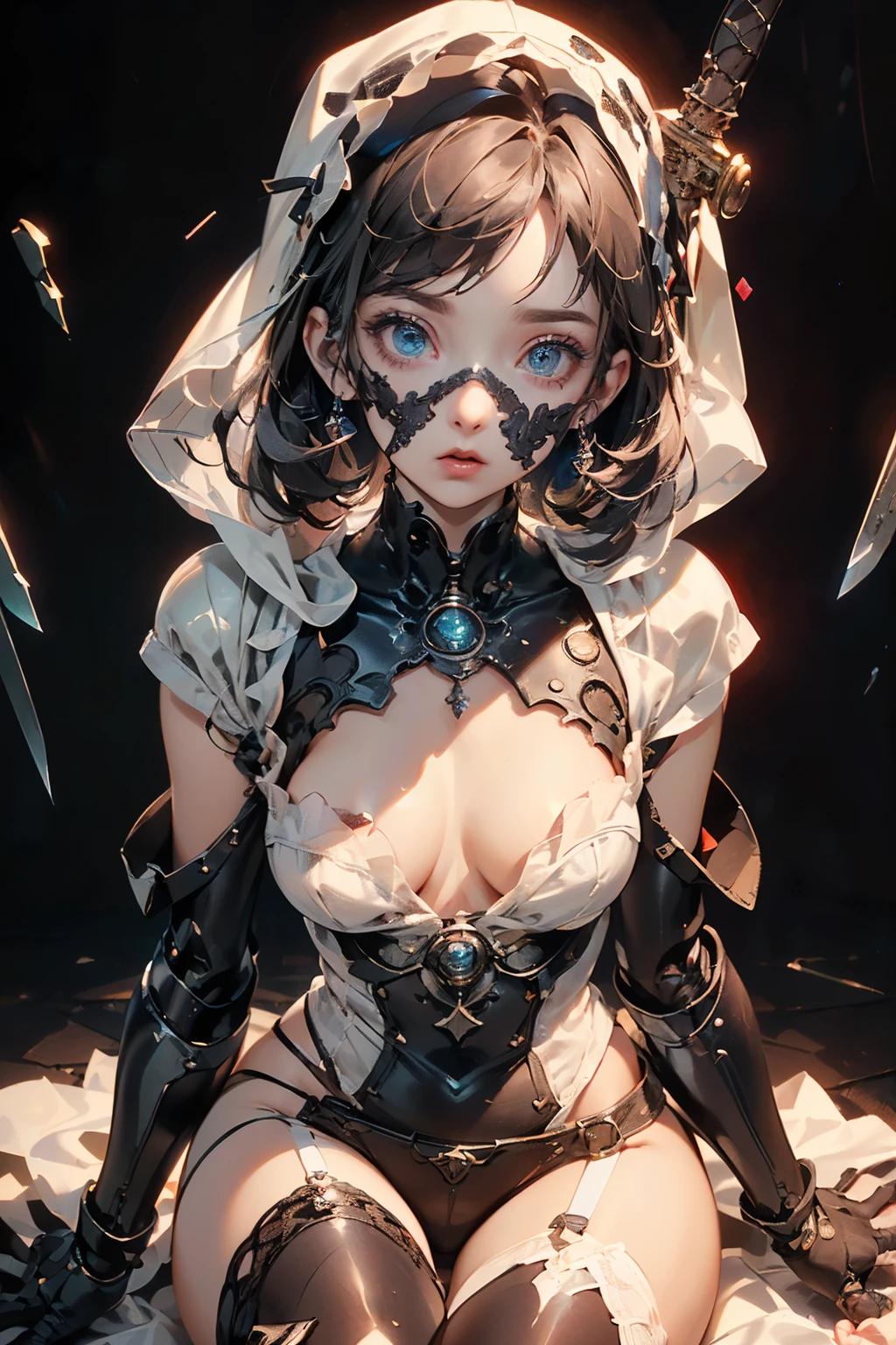 (((masterpiece, of the highest quality, super detailed))), (a female knight of an occult order), (an occult saint), (combat pose), (ready for combat), (resolved expression), (resolute expression), (((holding a sword with a digital-glitch-like blade as though it is rapidly flickering in and out of reality))) ((glitch sword)), ((glitching sword blade)), (nier: automata), Edwardian/Victorian era inspired, ((minimal but intricate beautiful armour)), Fluttering lace flared dress with frilly petticoats, ((((Highly detailed face))), (((Very sharp focused eyes))), very long eyelashes, small breasts, (((flat chest:1.1))), occult aesthetic, (red and white clothing detailed and intricate steampunk and detailed gothic), (with a hood), complex lace boots