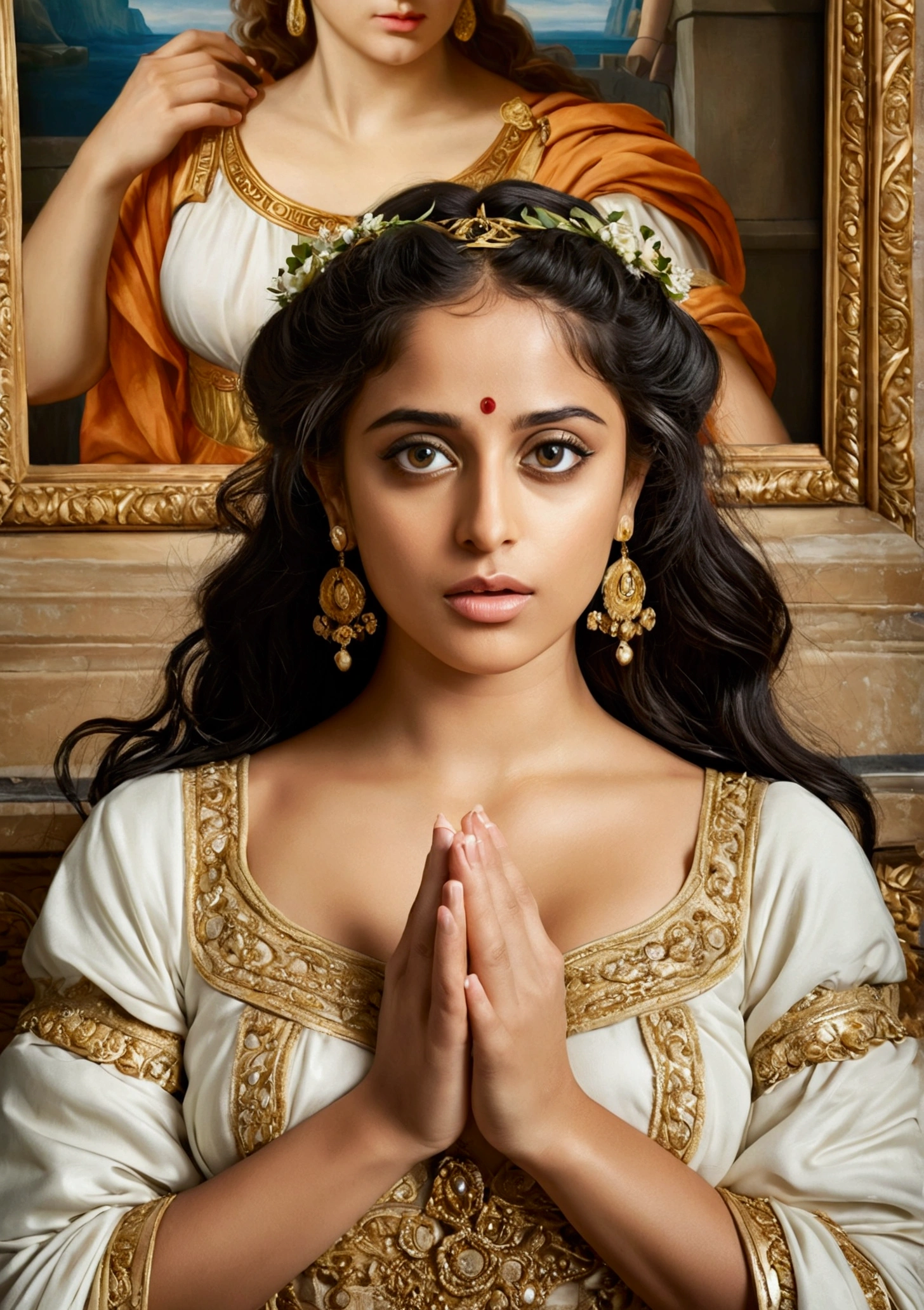 Looks like hka Shetty, Masterpiece, Best quality, high clarity eyes, beautifully styled hair, critically flawless,sharp picture, Full portrait, High pixels, perfect face, perfect eyes, beautiful face, perfect hands,perfect fingers, in Peter Paul Rubens style, by Peter Paul Rubens, baroque style, acrylic on canvas, highly detailed, description: "Create a nymph inspired by the tales of Greek or Roman mythology, embodying the essence of a natural element or location, and possessing a unique ability or trait that sets her apart."