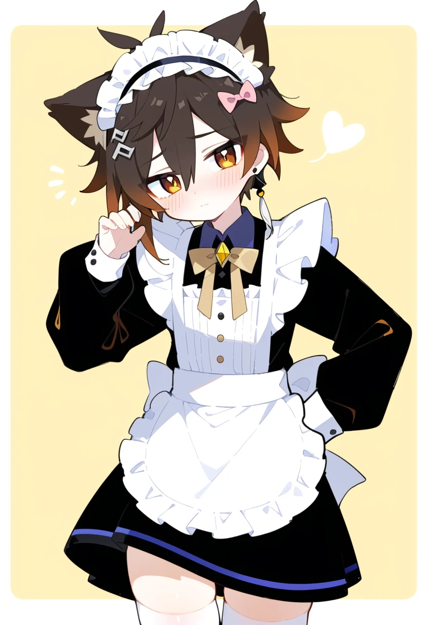 masterpiece, best quality, extremely detailed, 2020s anime, 1boy, 1male, mature male, male focus, solo, Zhongli, Genshin_impact, beautiful and detailed face, shy, looking at you, maid outfit, long sleeves, skirt, curtesy:1.3, zettai ryouiki, cat_ear hairband, cute background